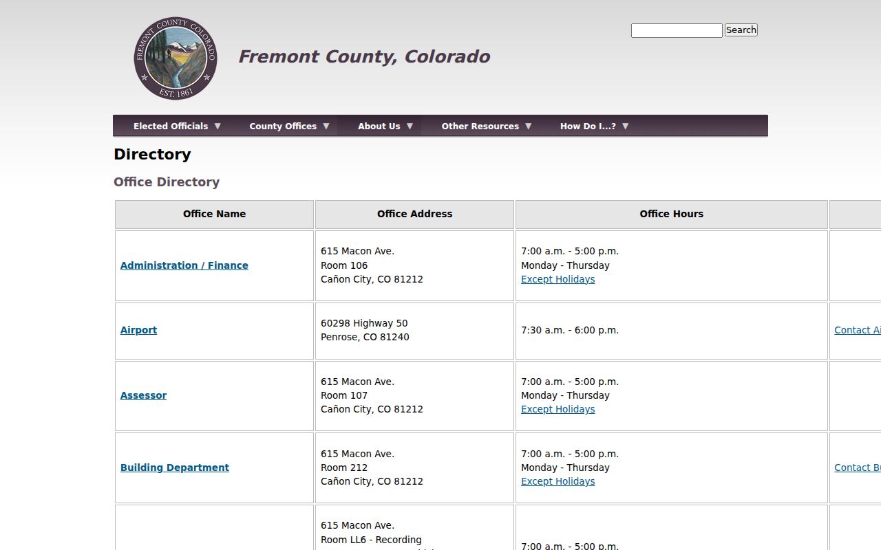 Fremont County office directory used to distinguish court calendar contacts