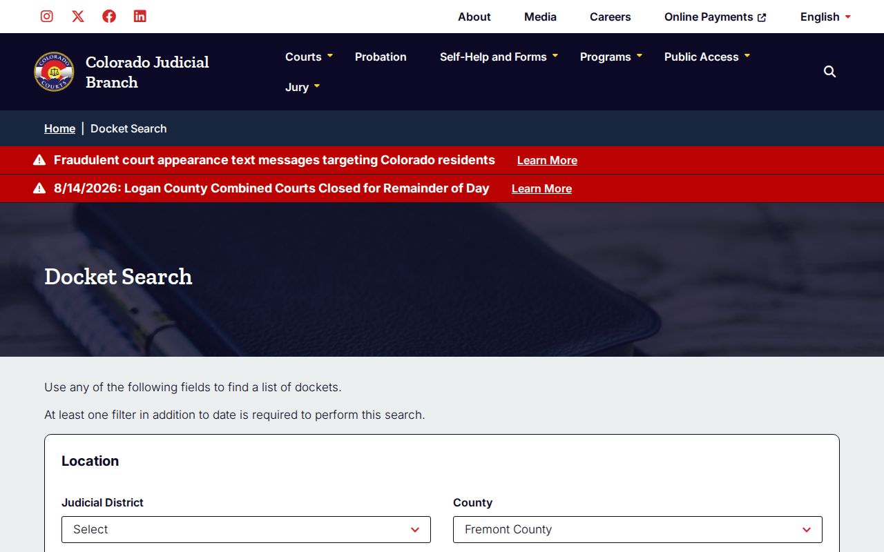 Fremont County court dates on the official docket search