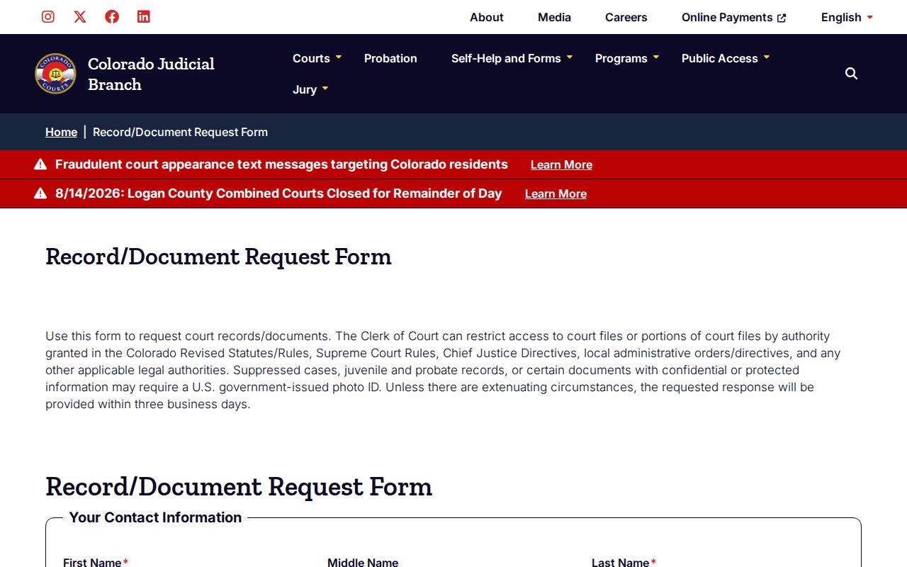 Fremont County court record and document request form
