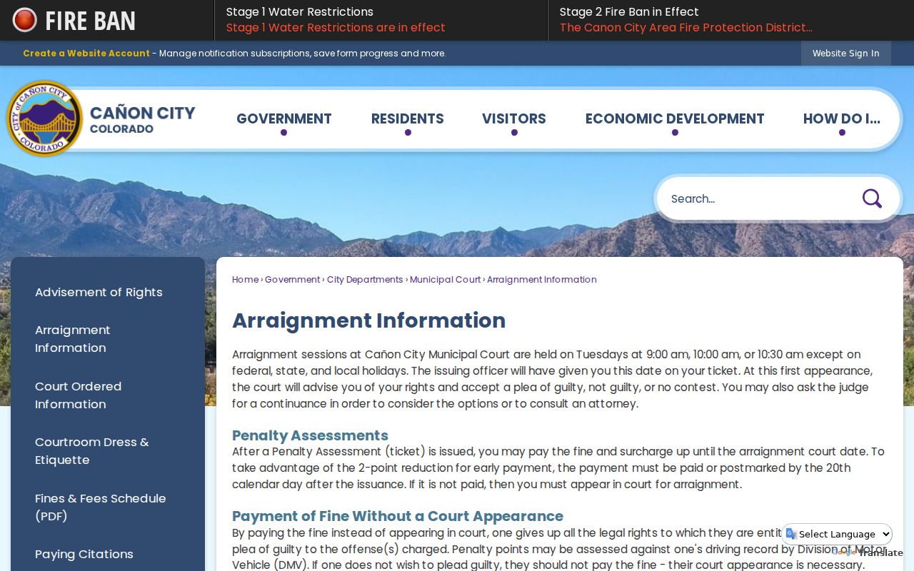 Cañon City arraignment information for Fremont County traffic court records