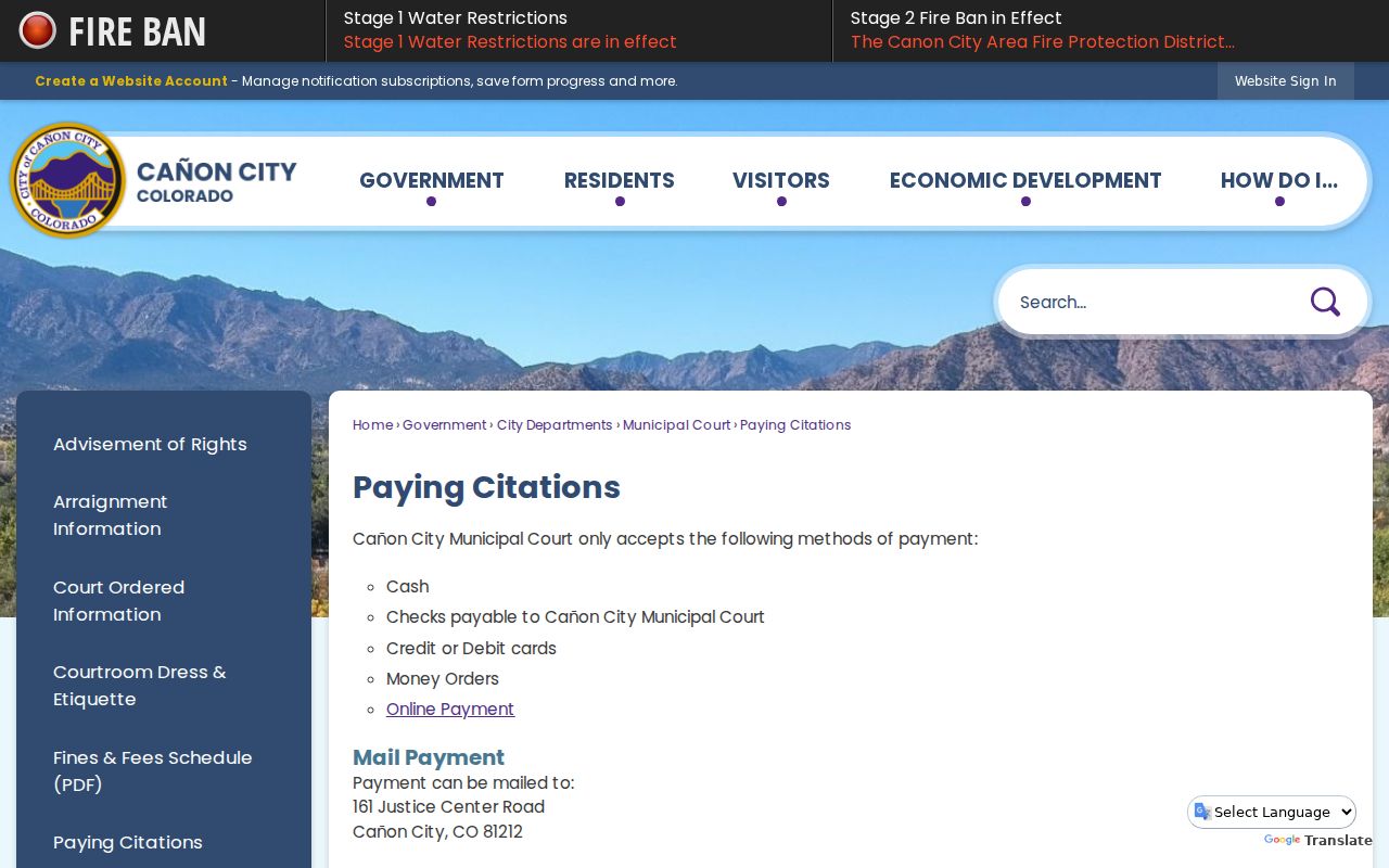 Cañon City payment instructions for Fremont County traffic tickets